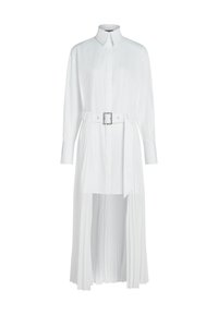 Fehér ingruha hosszú ujjakkal, redőzött alsó résszel és övvel megkötött derékkal. Gallérral és egyenes sziluettel rendelkezik. Sima textúra.