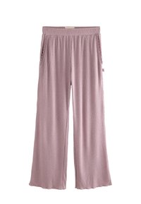 Pantaloni a gamba larga di un rosa chiaro, realizzati in tessuto a costine, con una vita elastica e due tasche laterali. L'orlo è leggermente ondulato.