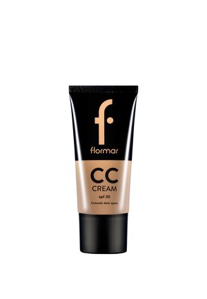 Flormar CC-Creme Tube mit LSF 20, beige und schwarze Verpackung, beschriftet zur Abdeckung von dunklen Flecken.