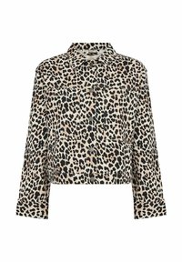 Kort denimjacka i beige med ett svart leopardmönster, utrustad med en spetsig krage, långa ärmar och framknäppning.