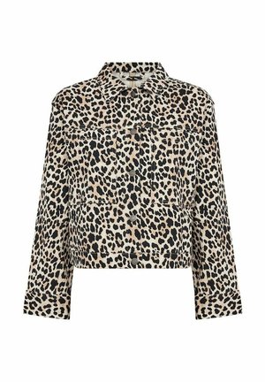 Cropped denim jacket in beige with a black leopard print pattern, featuring a pointed collar, long sleeves, and front button closure.