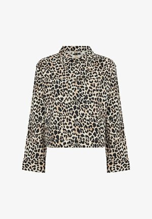 Cropped denim jacket in beige with a black leopard print pattern, featuring a pointed collar, long sleeves, and front button closure.