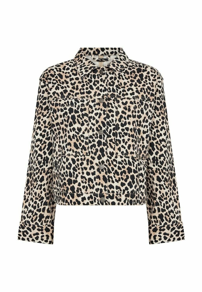 Kort denimjacka i beige med ett svart leopardmönster, utrustad med en spetsig krage, långa ärmar och framknäppning.