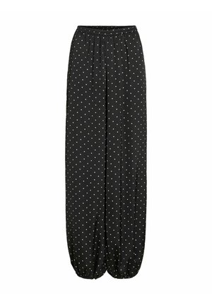 Pantalon noir à jambes larges avec des pois blancs, taille élastique et poignets élastiques froncés aux chevilles.