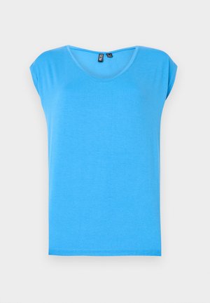 Top corto azul de manga corta con un diseño de escote en V, hecho de tela suave, que presenta un estilo simple y una textura sin adornos.