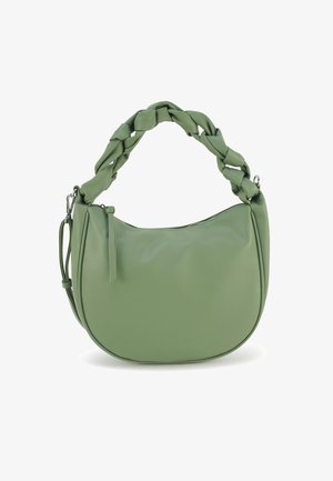 Groene handtas van getextureerd leer met een gevlochten handvat, gebogen vorm, ritssluiting en een afneembare riem voor veelzijdige draagmogelijkheden.