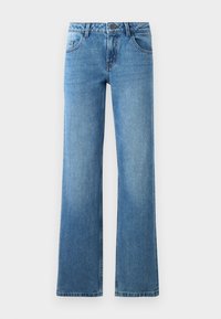 Lys blå denim flared jeans med middels høyde på livet, kontrasterende sømmer, to frontlommer og knappelukking i midjen.
