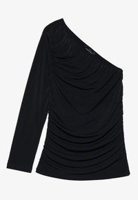 Black long-sleeve top with an asymmetric neckline, featuring gathered texture and soft, stretchy fabric. Suitable for various occasions.