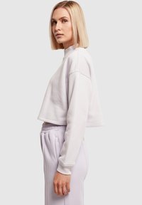 Trumpinta šviesiai violetinė laisvalaikio palaidinė iš minkštos medžiagos, turinti ilgus rankovus, aukštą kaklą ir paprastą, švarų dizainą.