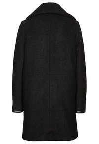 Svart ullrock med krage, långa ärmar och rak siluett. Har en texturerad yta och en enkel, ren design.