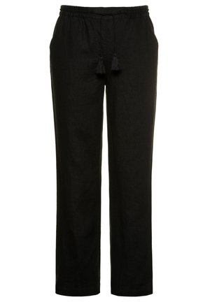 Pantalons en lin noir avec une taille élastique et un cordon de serrage, ornés de pompons sur le cordon. Design à jambe droite, texture légère.