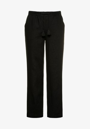 Čierne ľanové nohavice s elastickým pásom a šnúrkou na stiahnutie, so strapcami na šnúrke. Rovný strih, ľahká textúra.