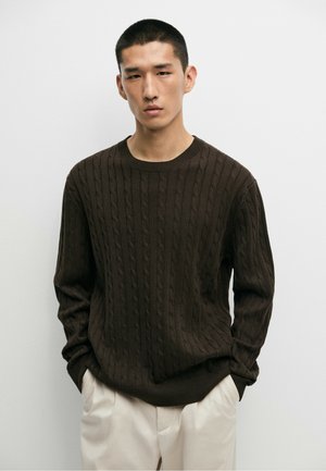 Giovane uomo con capelli corti neri che indossa un maglione a trecce marrone scuro e pantaloni beige chiaro, in piedi con le mani nelle tasche.
