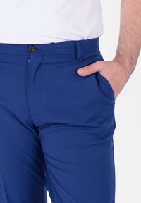 Pantaloni blu realizzati in un tessuto liscio, con chiusura frontale a pulsante, tasche laterali e una vestibilità su misura.