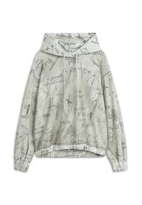 Sweatshirt à capuche gris clair avec divers motifs de texte manuscrit gris foncé, poignets élastiques et cordon pour la capuche.