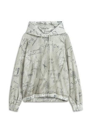Felpa con cappuccio grigia chiara, decorata con vari motivi di testo scritto a mano in grigio scuro, polsini elasticizzati e un cordino per il cappuccio.