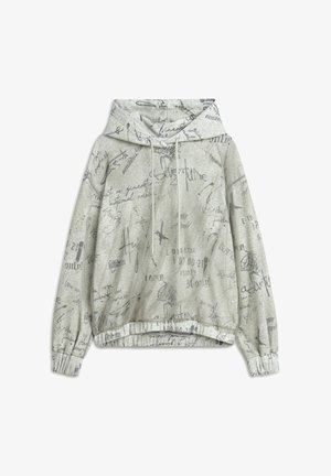 Light grey hooded sweatshirt with various dark grey handwritten text patterns, elastic cuffs, and a drawstring for the hood.