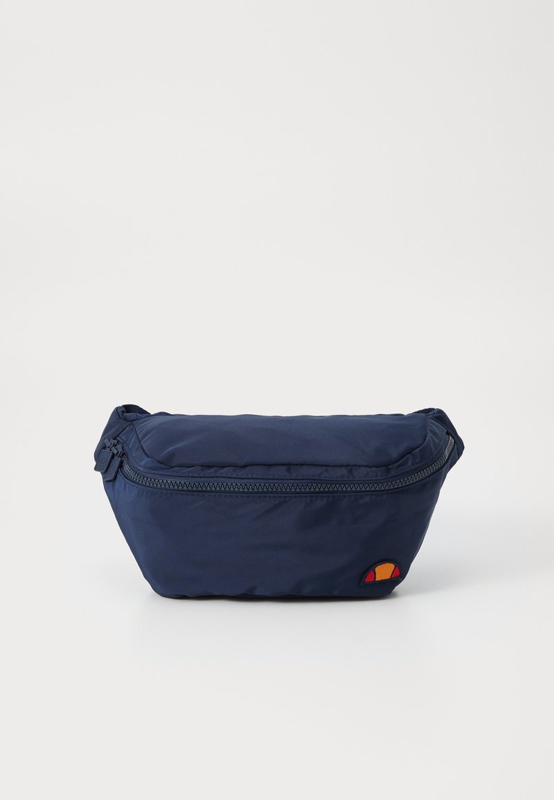 Pouch in nylon blu navy dalla forma arrotondata, dotato di chiusura zip e di una toppa con logo multicolore su un lato. Texture liscia.
