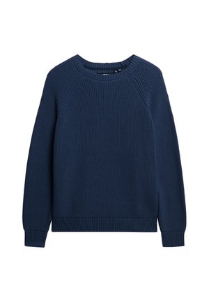 Suéter de punto azul marino con cuello redondo, puños y dobladillo acanalados. Presenta una tela texturizada con un corte clásico y mangas raglán.