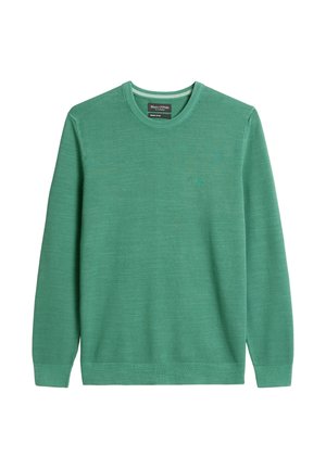 Maglione verde con scollo rotondo realizzato in tessuto a maglia leggero. Presenta un motivo a trama e polsini e orlo a coste. Sottile logo del marchio sul petto.