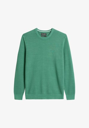 Maglione verde con scollo rotondo realizzato in tessuto a maglia leggero. Presenta un motivo a trama e polsini e orlo a coste. Sottile logo del marchio sul petto.