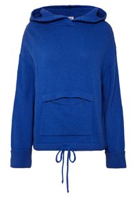 Blå stickad hoodie med en framficka, dragsko för justering i nederkant och ribbade ärmslut. Mjuk textur och avslappnad passform.