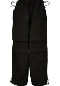Pantalons noirs en tissu léger, dotés d'une taille ajustable et d'ourlets avec cordon de serrage. Conçus avec une coupe ample et surdimensionnée, ils possèdent plusieurs poches.