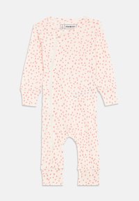 Rózsaszín kisbaba overál puha anyagból, fehér pöttyökkel, hosszú ujjak, elöl cipzárral és gumis szárvégekkel.