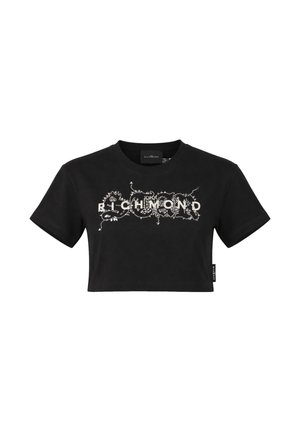 T-shirt nera corta con maniche corte, con grafica artistica bianca e scritta "RICHMOND" al centro davanti.