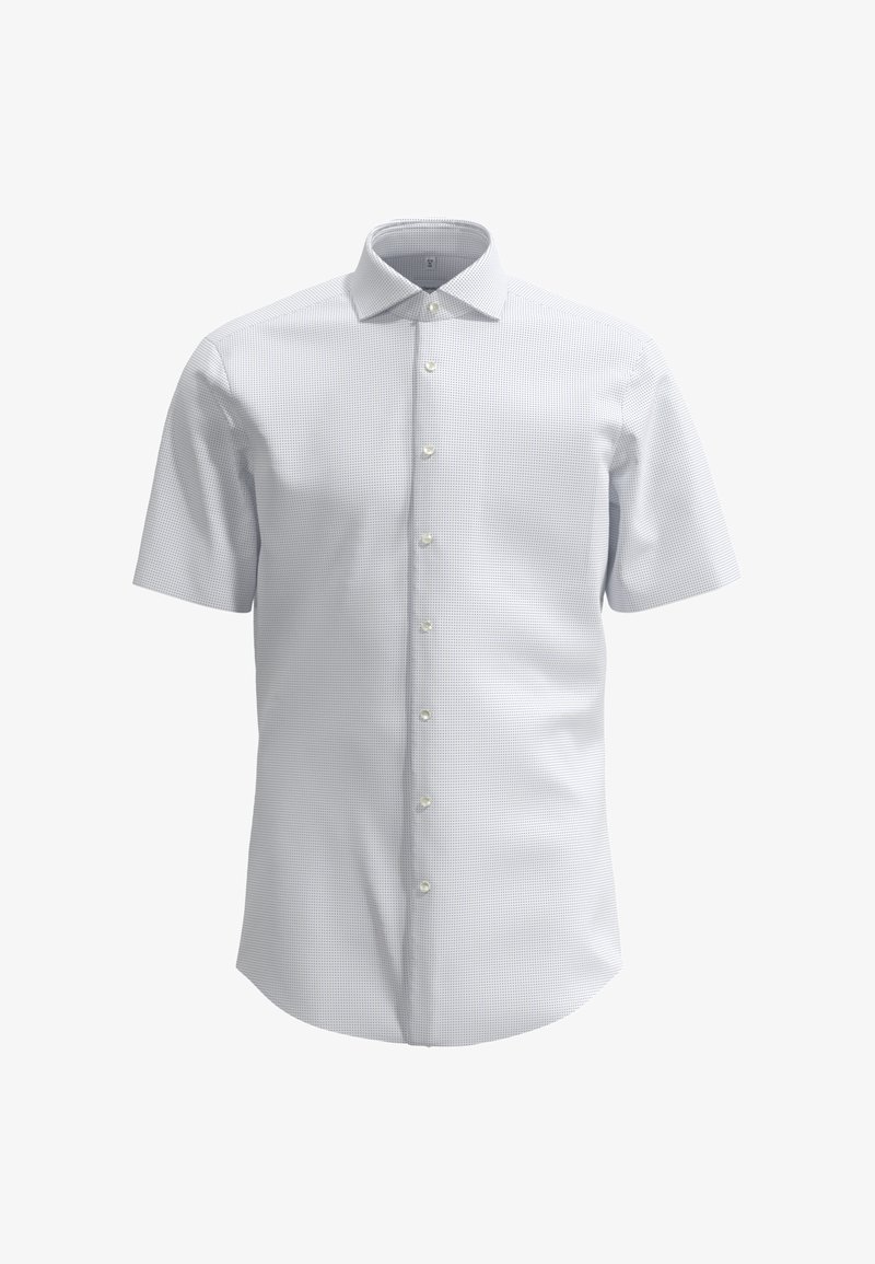 Camicetta a maniche corte con bottoni in tessuto grigio chiaro con un sottile motivo a quadretti, colletto a punta e sei bottoni frontali. Texture liscia, vestibilità su misura.