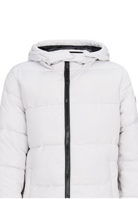 Giacca puffer grigia chiara con cappuccio; presenta una chiusura con zip nera e un design a pannelli cuciti. Il materiale sembra liscio e isolato.