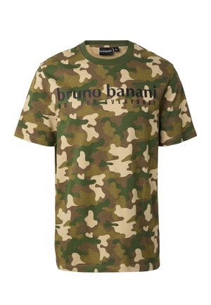 Heren camouflage T-shirt met korte mouwen, bedrukt met de tekst "bruno banani NOT FOR EVERYBODY" in het zwart over de borst.