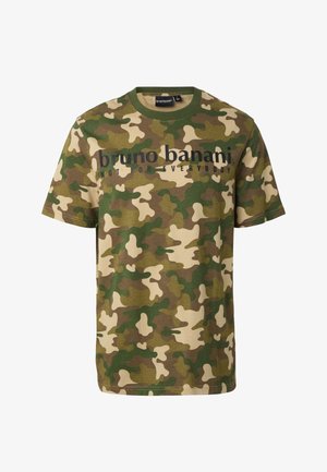 Heren camouflage T-shirt met korte mouwen, bedrukt met de tekst "bruno banani NOT FOR EVERYBODY" in het zwart over de borst.