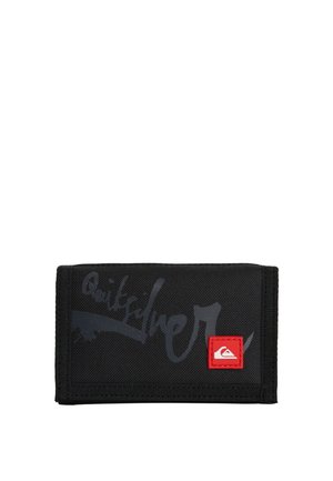 Black fabric wallet with stitched edges, featuring a faded gray graphic and a small red logo patch on the front corner.