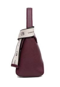 Borsa a mano in pelle bordeaux con finitura texturizzata, dotata di una forma triangolare strutturata e di una tracolla in tela con marchio.