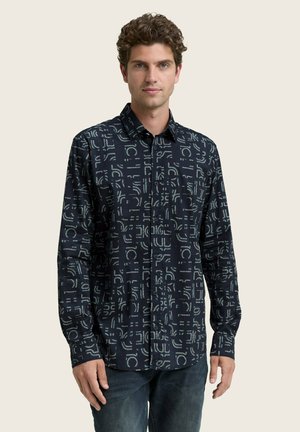Marineblauwe overhemd met lange mouwen en knopen, voorzien van een abstract wit patroon, met een gespreide kraag en knopenmanchetten, gemaakt van een gestructureerde stof.