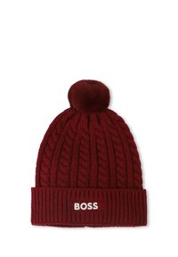 Czapka z dzianiny w kolorze czerwonym, z teksturowanym wzorem w warkocze, z pomponem na szczycie i prążkowanym ściągaczem z białym logo "BOSS".