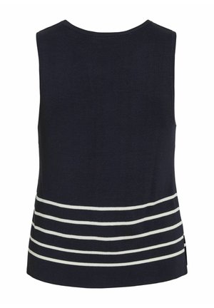 Marineblauw mouwloos gebreid vest met een ronde halslijn en vijf horizontale witte strepen dicht bij de onderste zoom.
