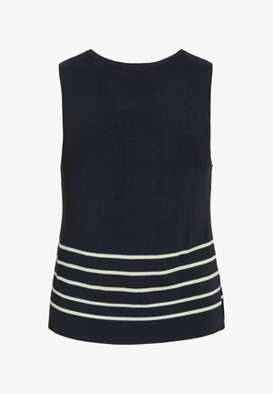 Tumesinine varrukateta kootud vest ümara kaelusega ja viis horisontaalset valget triipu alumise ääre lähedal.