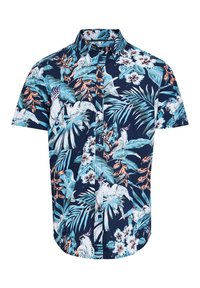 Korte mouwen shirt met een marineblauwe achtergrond en een tropisch bloemen- en vogelpatroon in teal, roze en wit. Met knoopsluiting.