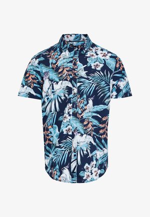 Camicia a maniche corte con sfondo blu navy e motivo floreale tropicale e uccelli in tonalità di teal, rosa e bianco. Design con bottoni.