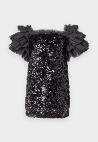 Vestido negro de lentejuelas con un diseño ajustado, de corta longitud y mangas fluidas de tul con volantes. Acabado texturizado con lentejuelas brillantes por todo el vestido.