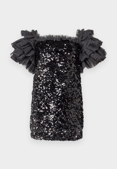 Svart paljettklänning med en figurnära design, kort längd och volangiga genomskinliga ärmar. Texturerad finish med glittrande paljetter överallt.