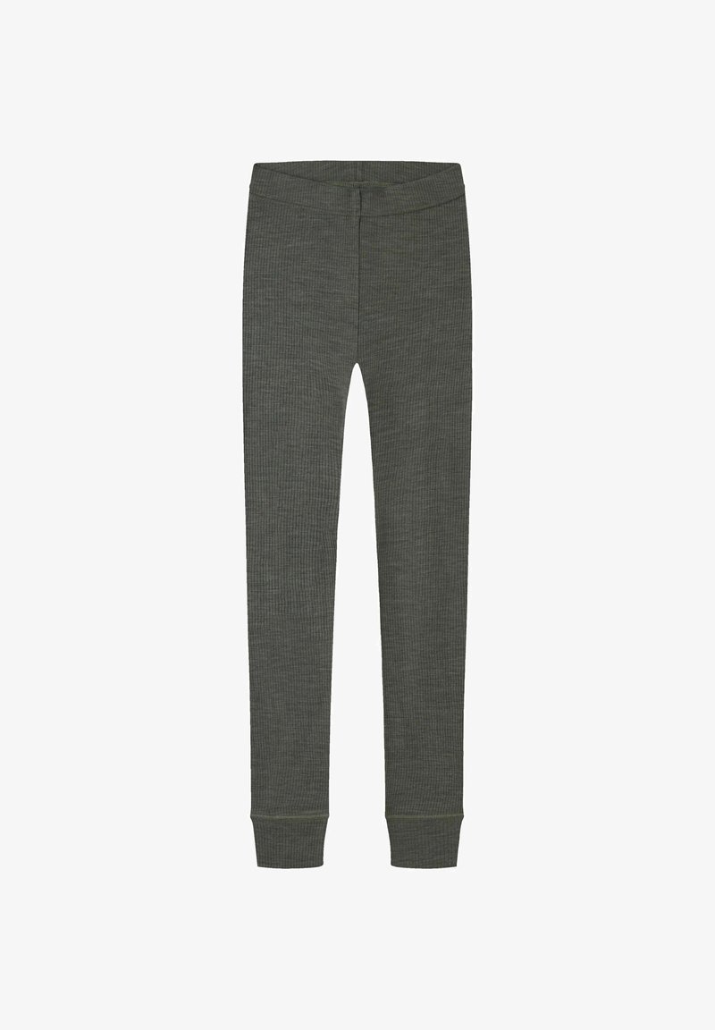 Leggings en maille côtelée vert foncé avec ceinture élastique et poignets ajustés aux chevilles, présentés à plat sur un fond blanc.