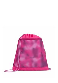 Rosa Zugbeutel mit einem Farbverlauf, der in verschiedenen Rosa- und Lilatönen gehalten ist. Hergestellt aus glattem Stoff mit einem geschnürten Verschluss und Schultergurten.