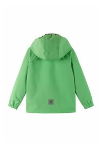 Veste verte avec une texture douce et une capuche, des poignets élastiques et un petit logo rectangulaire dans le bas du dos. Design simple et fonctionnel.