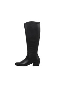 Bottes noires montantes en cuir lisse. Présentent un bout légèrement pointu et un petit talon épais pour la stabilité. Design simple sans embellissements.
