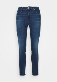 Tajta jeans i mörkblå denim med en figurnära design, femficksstil och en metallknapp i midjan. Slät textur.