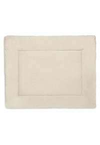 Lit pour animaux rectangulaire en tissu beige, avec un intérieur épais et moelleux, des bords surélevés et une texture lisse. Détail de couture centré.