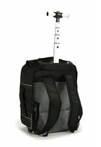 Zaino nero con rotelle, manico telescopico, spallacci imbottiti e scomparto trasparente. Tessuto testurizzato con motivo geometrico grigio.